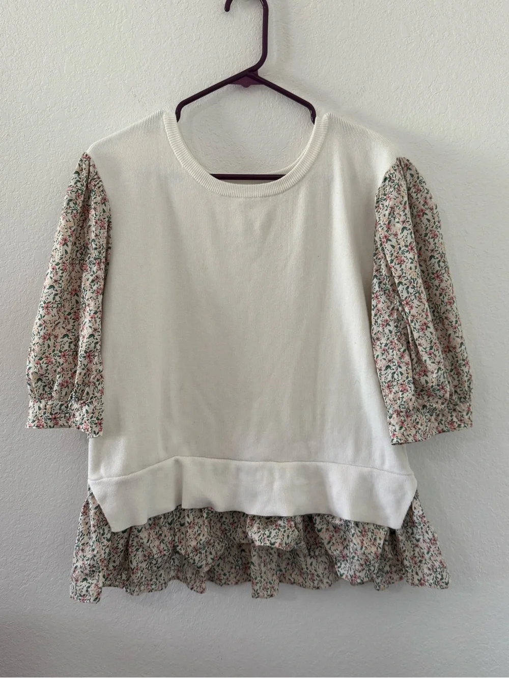 Anthropologie Floral Poplin Puff-Sleeve Peplum Top - White / Multi